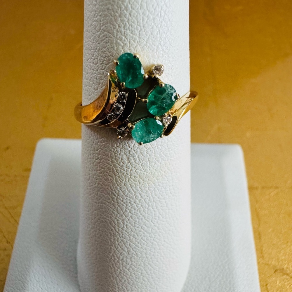 14K Yellow Gold Emerald and Diamond Bypass Ring size 6.25